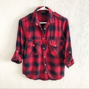 ZARA Plaid Flannel Shirt Snap Front Navy / Red S